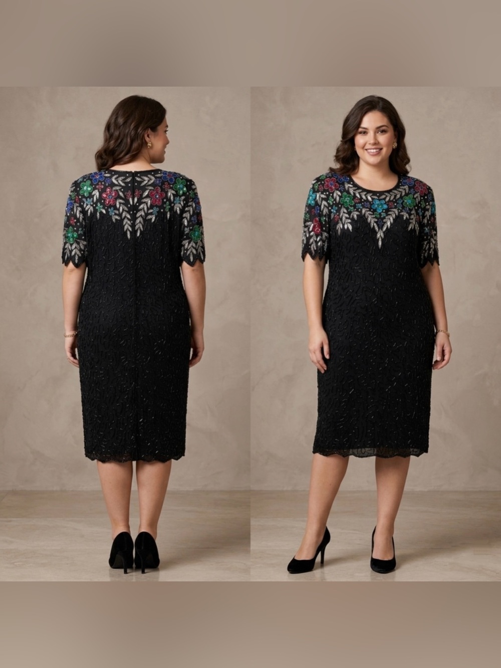 Vintage Women’s Plus 2X Black Silk Sequin Beaded Carina Dress India
